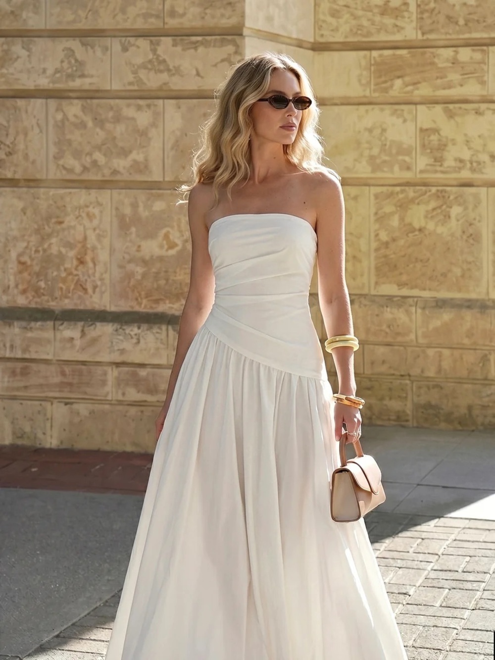 Commense Strapless Ruched Flowy Maxi Dress